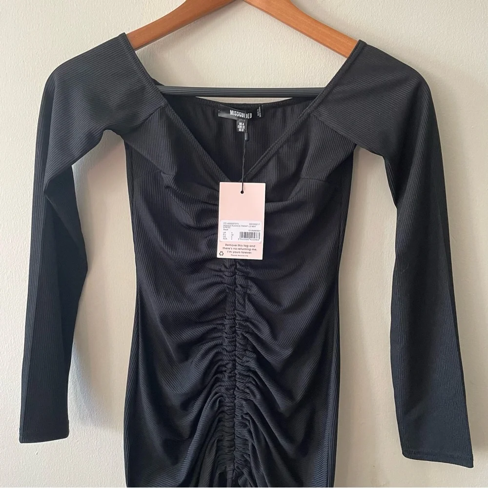 🐈⬛ Missguided (NWOT) Black Rib Ruched Front Long Sleeve Mini Dress 🐈⬛ - Picture 7 of 9